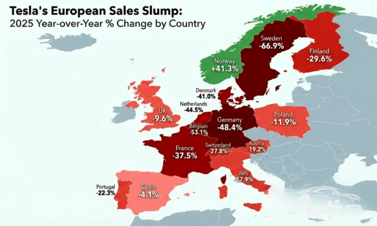 Sprzedaż Tesli w Europie w 2025 r. – źródło: ArenaEV Sprzedaż Tesli w Europie w 2025 r. – źródło: ArenaEV