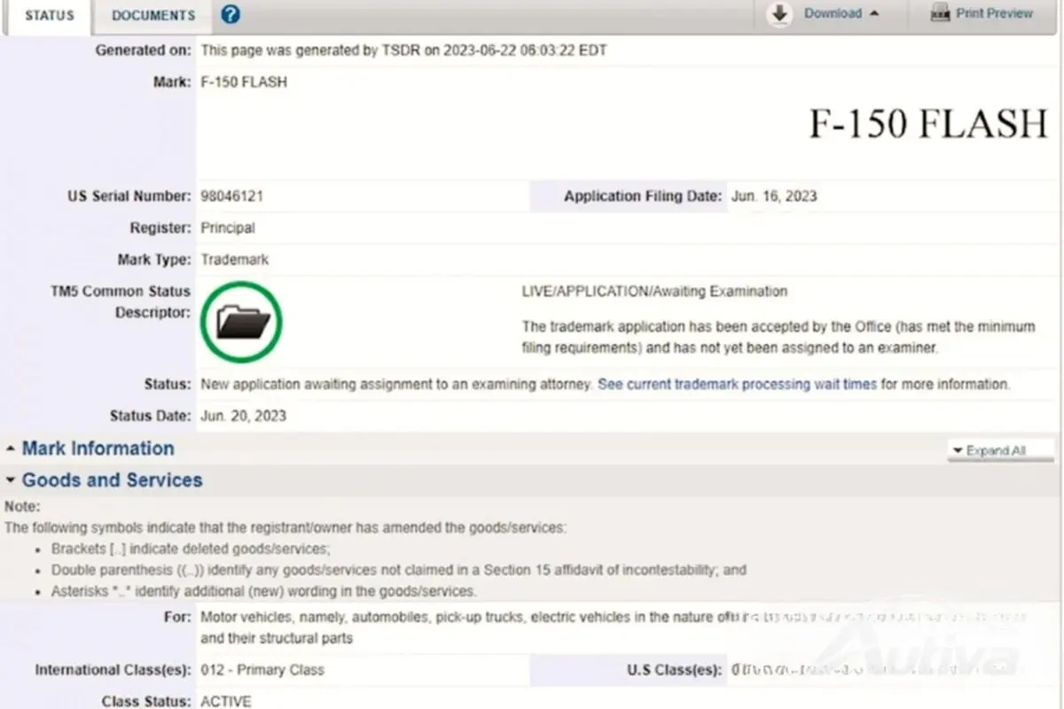 Заявка USPTO на товарный знак F-150 Flash Заявка USPTO на товарный знак F-150 Flash