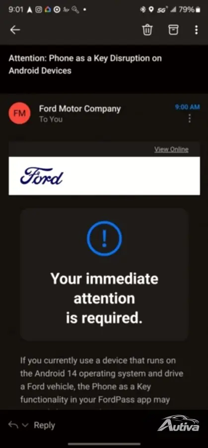 Ford가 고객에게 이메일로 보낸 통지문