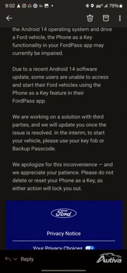 Ford가 고객에게 이메일로 보낸 통지문