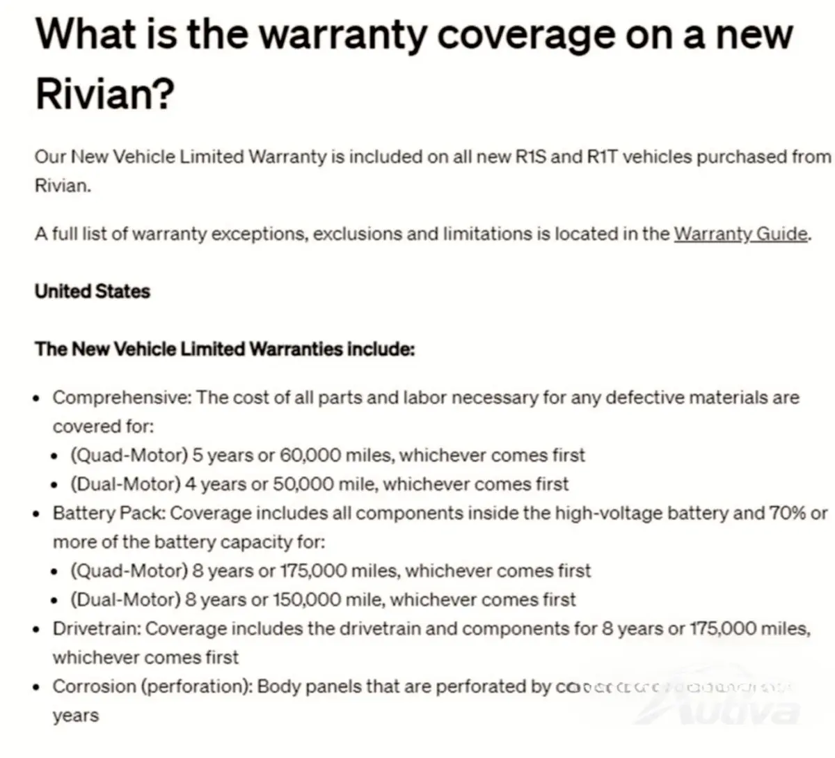 Rivian'ın web sitesinde güncellenmiş garanti Şartları ve Koşulları