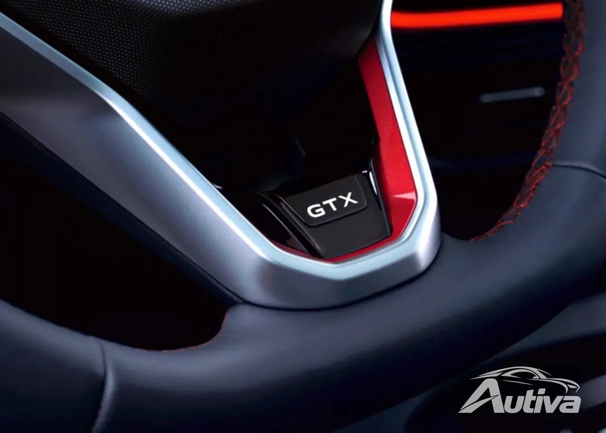 Volante de cuero negro con costuras rojas y logo GTX