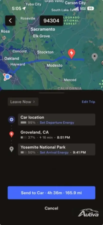 Statistiche di guida autonoma ed energia di arrivo nell'app mobile