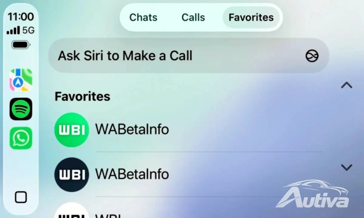 WhatsApp for CarPlay 应用测试版 收藏夹和联系信息屏幕